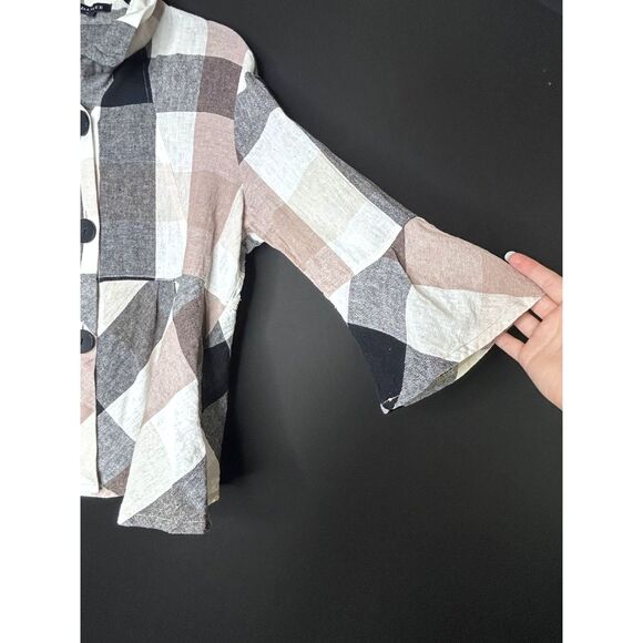 Women's Multi-Color Plaid 3/4 Length Sleeve Farmhouse Flowy Peplum Shirt - Picture 5 of 11